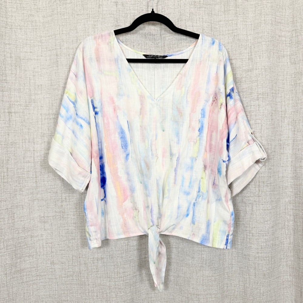 Charlie B Watercolor Abstract Tie Front Blouse L Rayon Linen Artsy Art to Wear